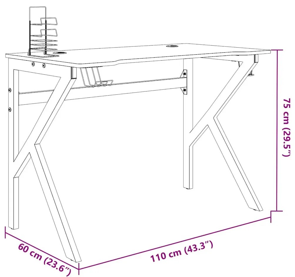 fekete K-lábú gamer asztal 110 x 60 x 75 cm