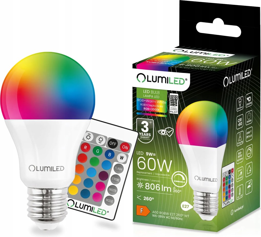 Led izzó E27 A60 9W 60W 806lm Rgb Többszínű Tompítható távirányító