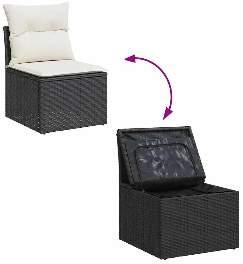 vidaXL 5 részes fekete polyrattan akácfa kerti kanapészett párnákkal