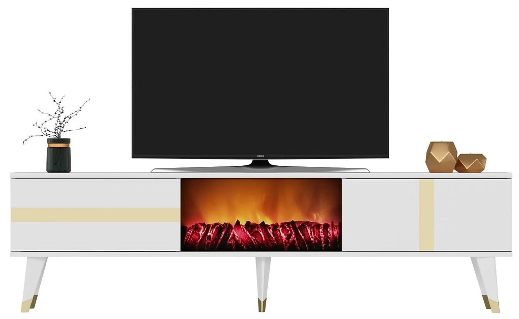 TV asztal/szekrény kandallóval Vekika 3 (fehér + arany) . 1095529