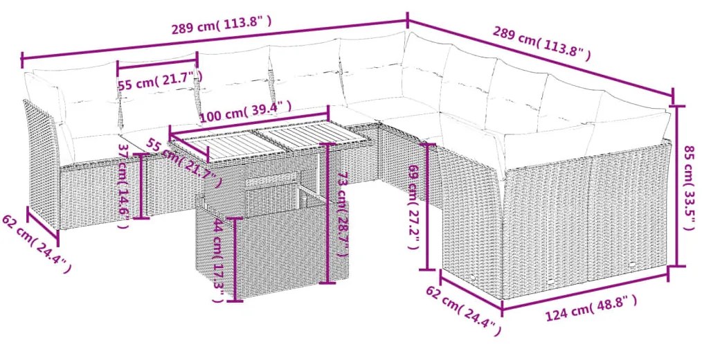 11 részes fekete polyrattan kerti ülőgarnitúra párnákkal