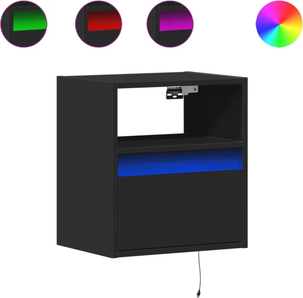 vidaXL 2 db fekete falra szerelhető éjjeliszekrény LED-világítással