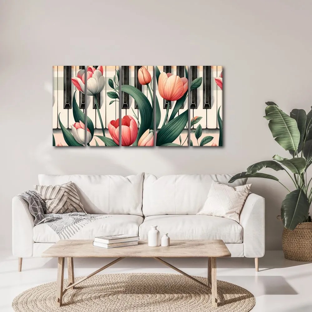 5 részes kép zongora és tulipánok virágszimfóniában