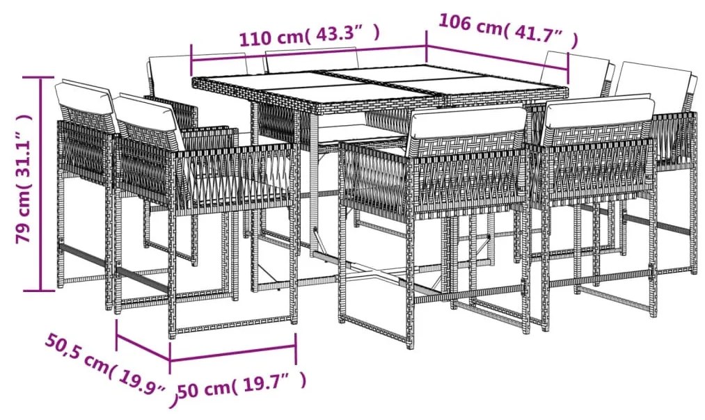 9 részes szürke polyrattan kerti étkezőgarnitúra párnával