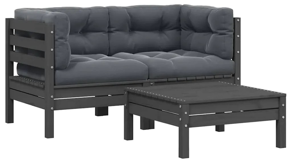 vidaXL 3 részes szürke tömör fenyőfa kerti ülőgarnitúra párnákkal