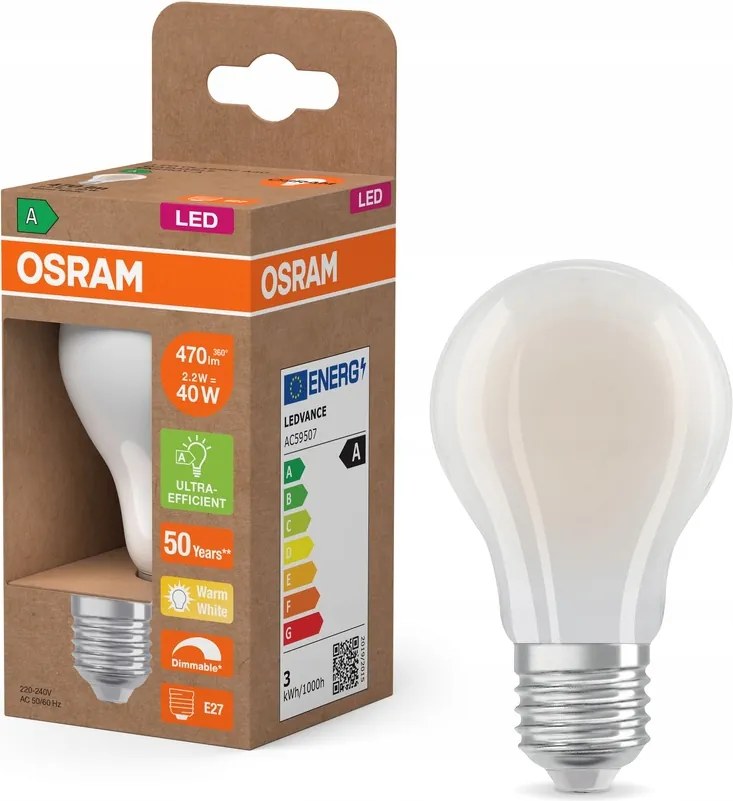 Led izzó E27 2,2W 40W 470lm 2700K Fényerőszabályozható 214lm/W A osztály Osram