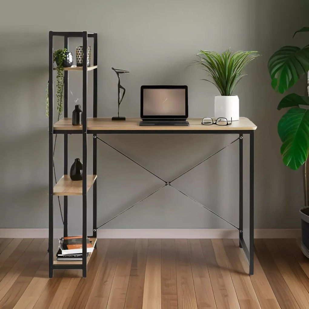 Polcos íróasztal / számítógépasztal 100×52 cm, masszív fém vázzal, fekete–sonoma tölgy – Intenso Home