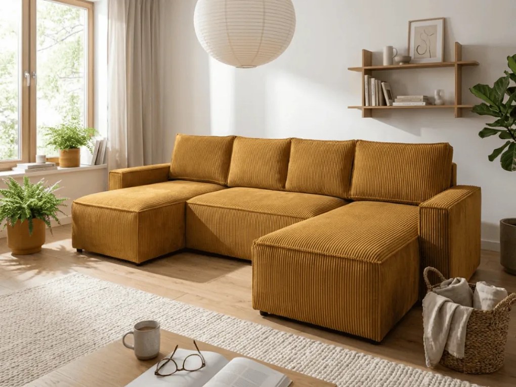 AKCIÓ Mustár színű U alakú ülőgarnitúra SMART COSARO 295x140 cm II. osztály