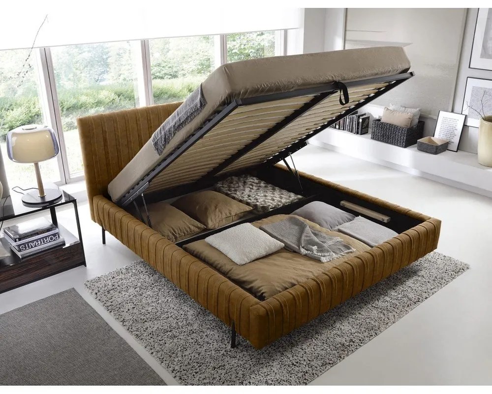 Okkersárga kárpitozott ágyneműtartós franciaágy ágyráccsal 180x200 cm Plissa – ELTAP