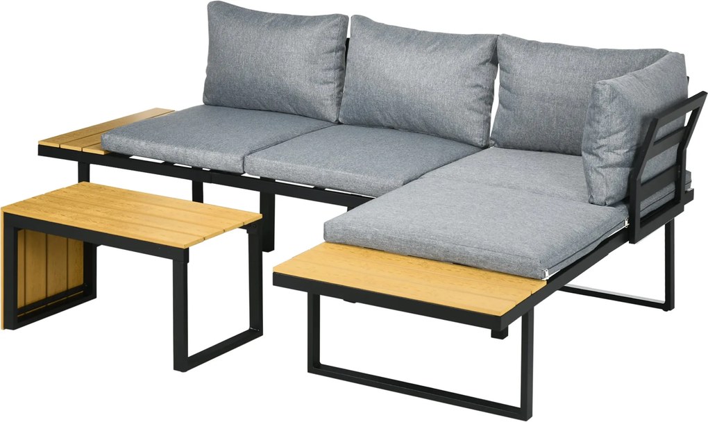 Outsunny 3 darabos Kerti Bútor Szett, Erkély Bútor Ülőpárnákkal, Kerti Lounge Szett Sarokkanapéval, Kétfős Kanapéval, Kávézóasztallal, Teraszra, Erkél