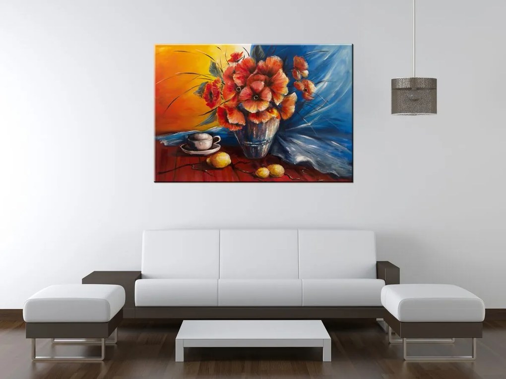 Gario Kézzel festett kép Pipacsokkal teli váza az asztalon Méret: 120 x 80 cm