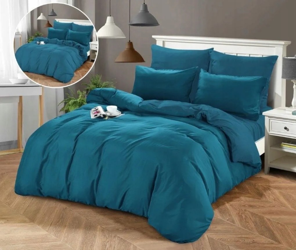 Ágynemű garnitúra 220x200 sima, lepedővel, kétoldalas, tengerkék