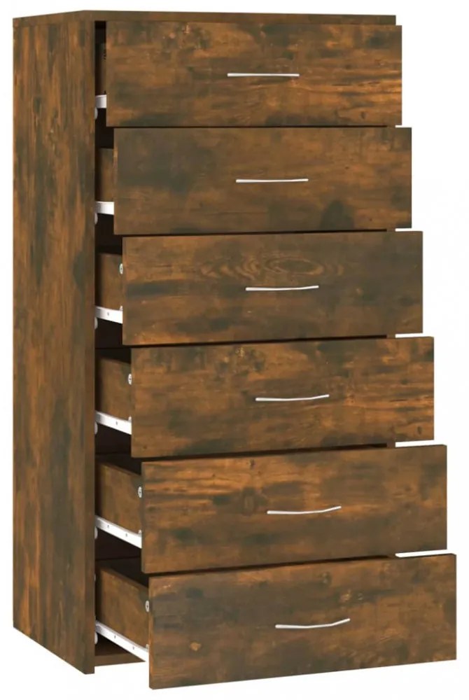 füstös tölgy színű szerelt fa komód 6 fiókkal 50 x 34 x 96 cm