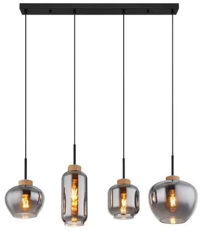 Globo 15549-4H Függeszték fém matt fekete, füstszínű üveg, natúr kender színű, fekete PVC kábel, 4 különböző üvegforma, HxSzxM.: 960x230x1200mm, üveg átmérő: 1x 18,5cm, 12cm, 16cm, 23cm egyenként, nem tartozék: 4x E27 40W 230V