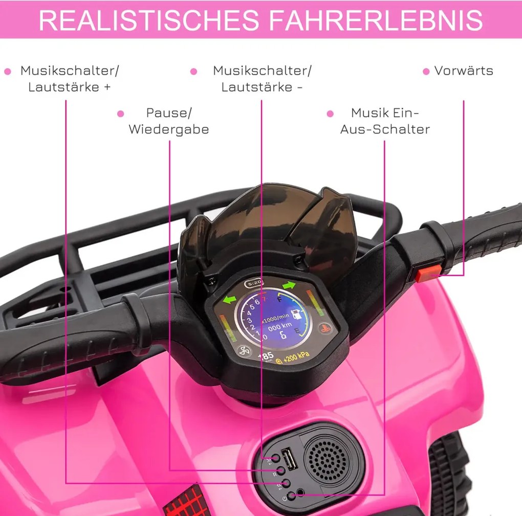 HOMCOM Kids Quad elektromos 6V-os gyerek quad hátrameneti funkcióval, zenével, rózsaszín