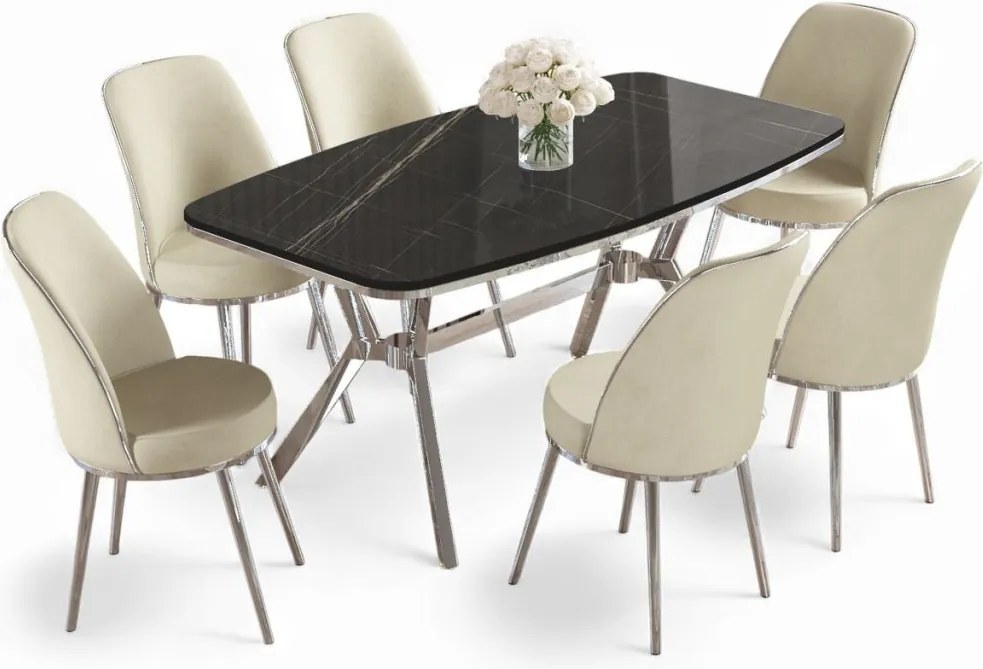 Lena étkezőgarnitúra, fekete márvány-króm, 160 cm – TR240CHR2903