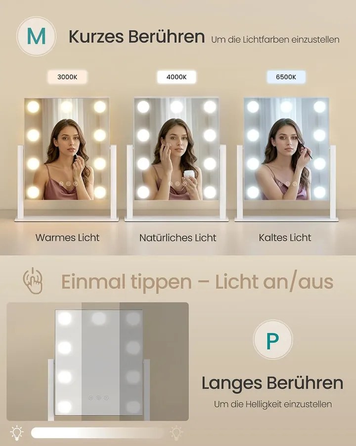 SONGMICS BERIT LED sminktükör, 3 fényszín, 10× nagyítás, 360°-ban forgatható, matt fehér