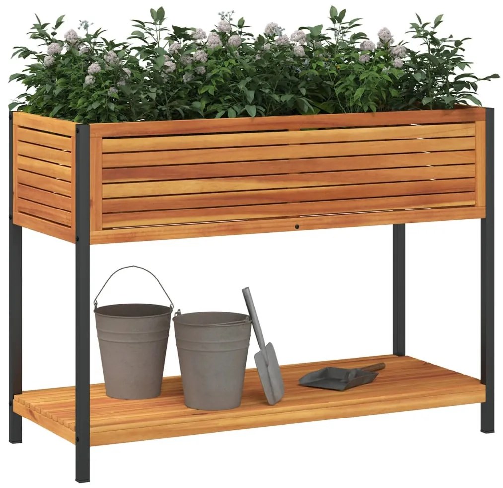 vidaXL tömör akácfa és acél kerti virágtartó polccal 110 x 45 x 80 cm