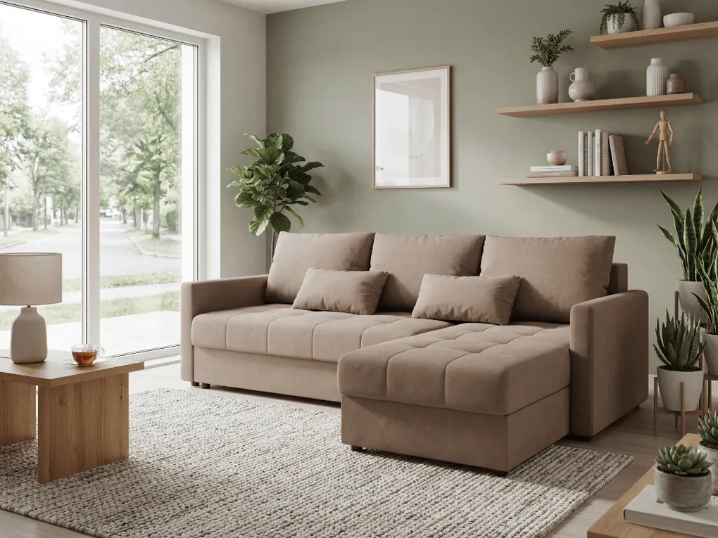 VENORIA L alakú kihúzható sarokkanapé, 220x143 cm, bézs + 2 párna INGYEN