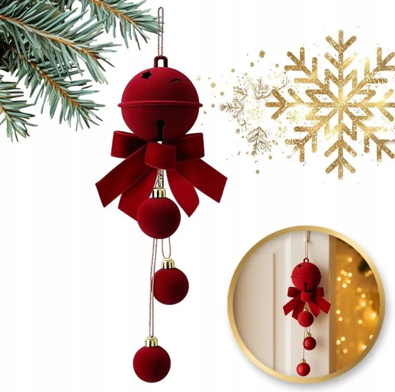 Karácsonyfa medál, csengettyű masnival és gömbökkel, 1 db 34cm WOZ49