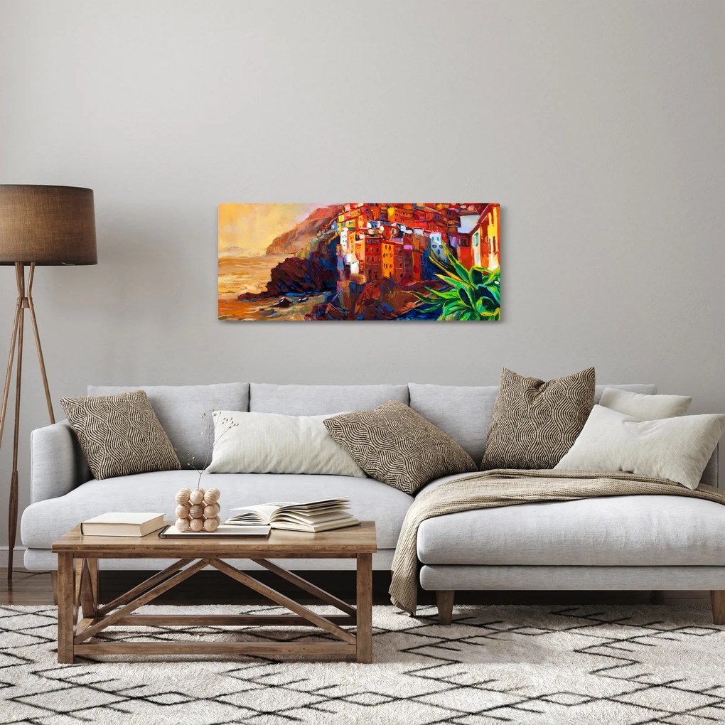 Kép - Falu Cinque Terre partján, az olasz riviérán, modern impresszionizmus (120x50 cm)
