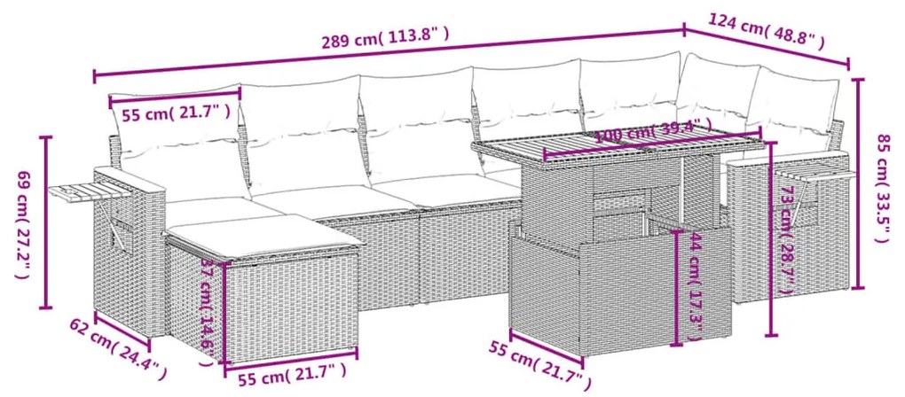 8 részes bézs polyrattan kerti ülőgarnitúra párnával