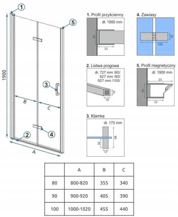 Rea - MOLIER összecsukható zuhanyajtó 90x190cm, króm profil - átlátszó üveg, REA-K8539