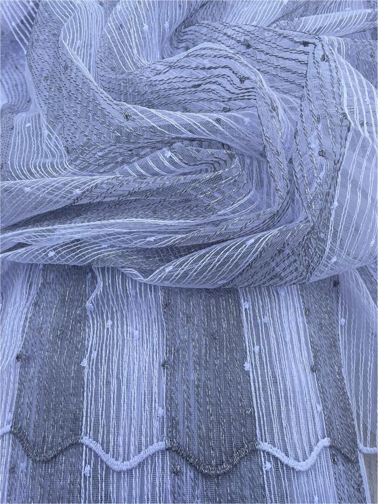 Függöny,háló, csíkos, fehér-hamu, ezüstszál