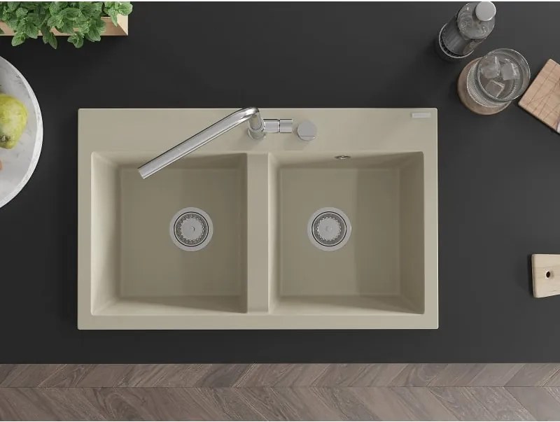 Mexen Hektor 2 rekeszes gránit mosogató 800 x 480 mm, bézs, króm szifon - 6521802000-69