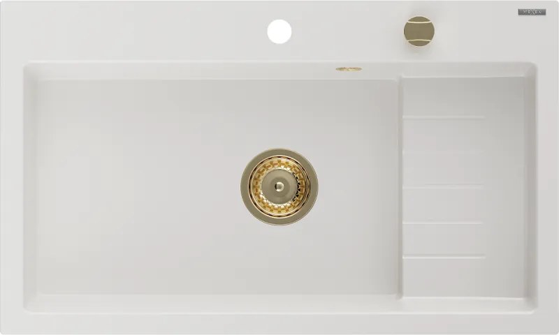 Mexen Omar egymedencés gránit mosogató 800 x 480 mm, fehér, arany szifon - 6520801005-20-G