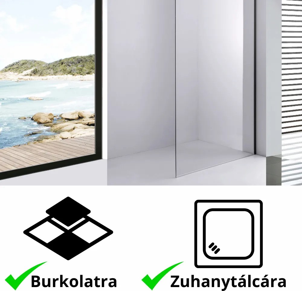 Stuxi Milano Black Walk-in zuhanyfal, 120x200 cm, 8 mm vastag vízlepergető biztonsági üveggel, fekete profillal és távtartóval