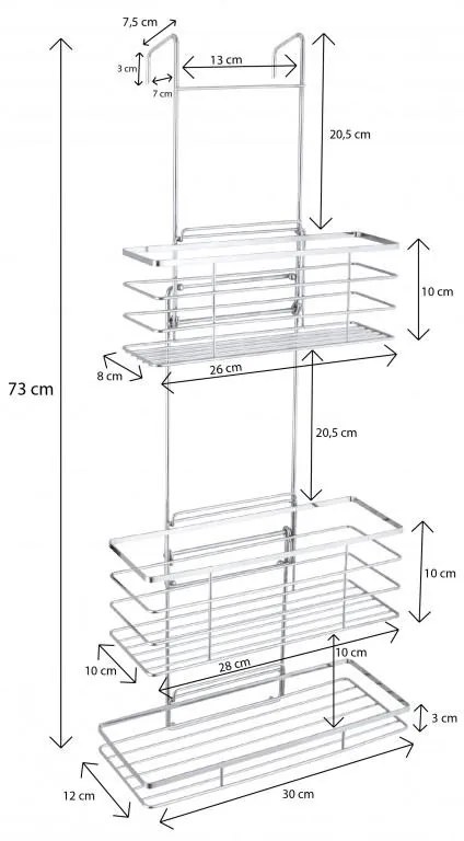 Erga Rafek, háromágyas fürdőszobai zuhanypolc akasztható 30x12,5x71 cm, króm, ERG-YKA-CH.RAFEK-CHR