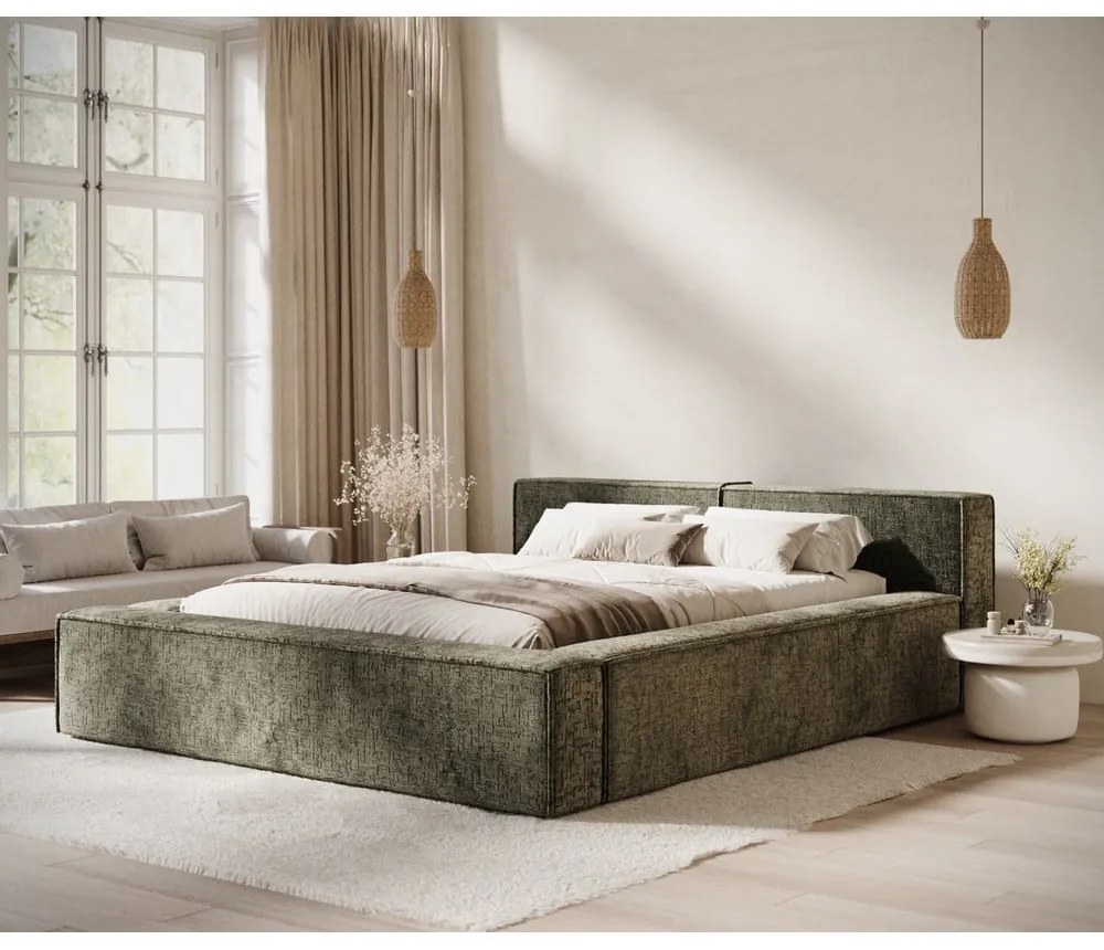 Sötétzöld kárpitozott ágyneműtartós franciaágy ágyráccsal 180x200 cm Voliera – Maison de Rêve