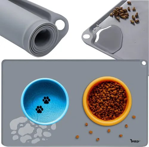 Szilikon kutya/macska etető- és itatótál alátét csúszásgátló felülettel, 60×45 cm méretben, szürke
