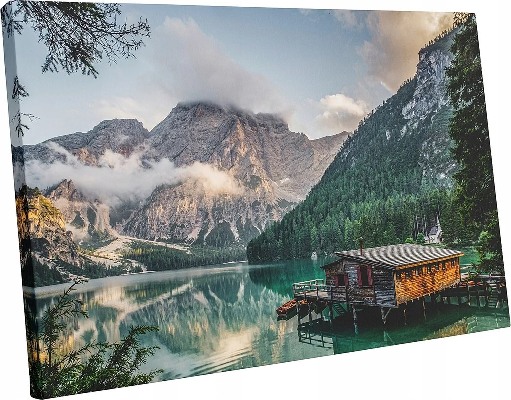 Vászonkép hegyek házikó tó modern falra 100x70