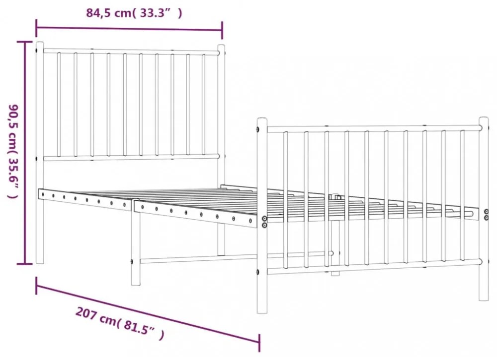 fekete fém ágykeret fej- és lábtámlával 80 x 200 cm