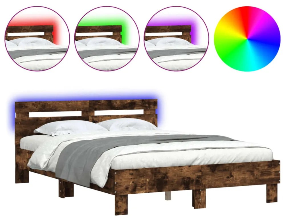 füstös tölgy színű ágykeret fejtámlával és LED-del 120x200 cm