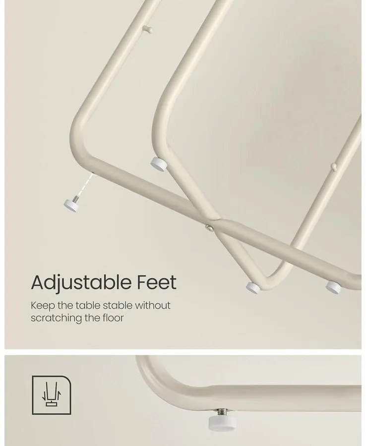 Kerek asztal, kis dohányzóasztal szövetkosárral, krémfehér