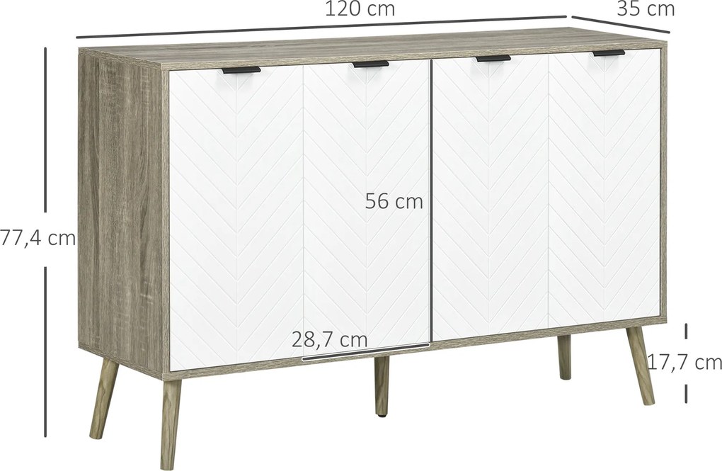 HOMCOM Alacsony Komód, Tárolószekrény, Állítható Polcok, 2 Szekrény, 4 Chevron Ajtó, Konyhába, Étkezőbe, Nappaliba, 120 x 35 x 77,4 cm, Fehér és Szürk