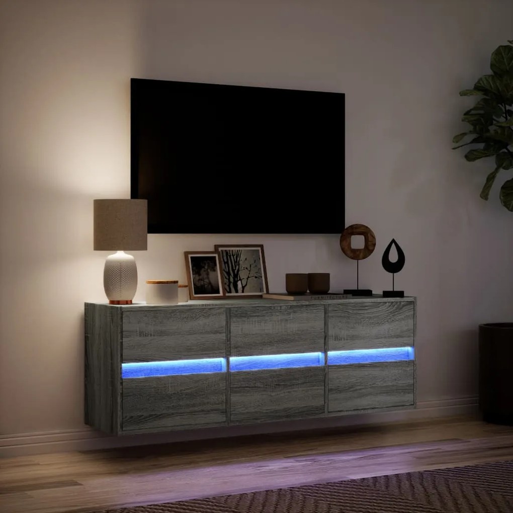 szürke sonoma színű fali TV-szekrény LED-del 130x31x45 cm