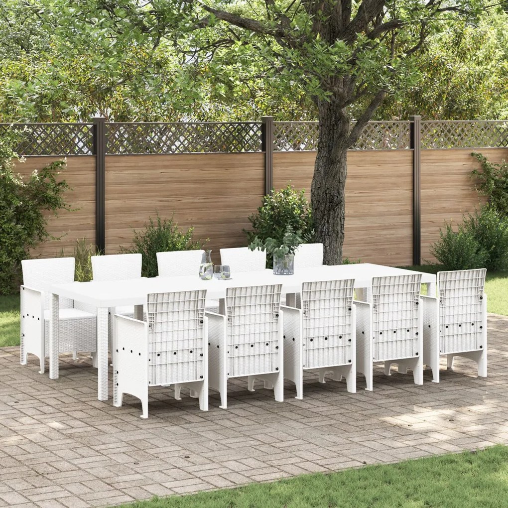 11 Darabos Kert Étkezőszett Fehér Poli Rattan, Kert Asztal Fehér 150x100x73 cm Poli Rattan, Kert Székek 2 db Fehér Poli Rattan, Kert Székek 4 db Fehér Poli Rattan
