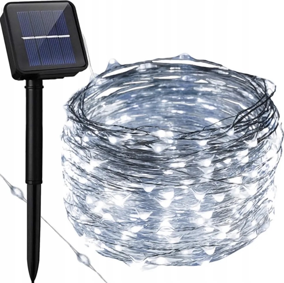 Drótos napelemes kerti lámpa 100 Led 10m Fehér Hideg Fényfüzér