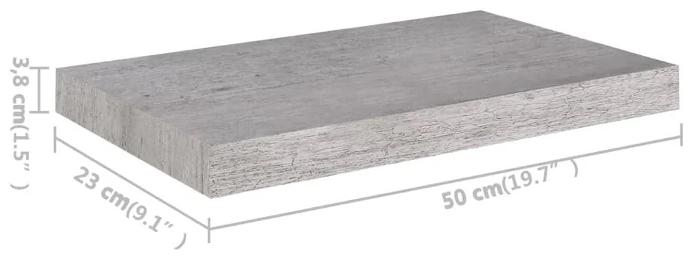 2 db betonszürke MDF lebegő fali polc 50 x 23 x 3,8 cm