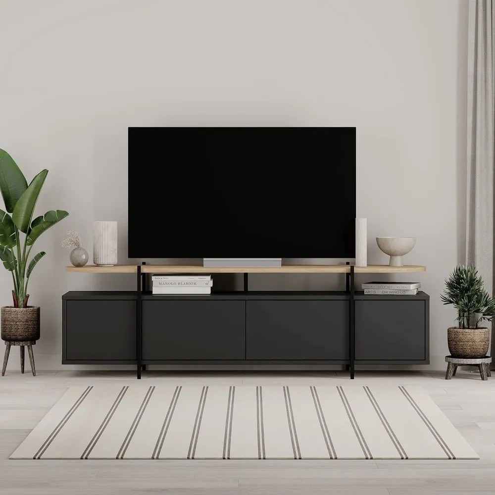 Fekete TV-állvány tölgyfa dekorral 160x48 cm Hinoa – Marckeric