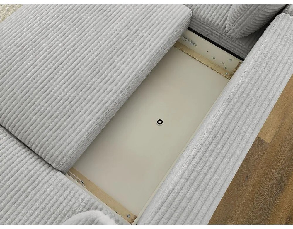 Világosszürke kordbársony kinyitható-tárolóhelyes sarokkanapé (bal oldali-U alakú) Lucien – Bobochic Paris