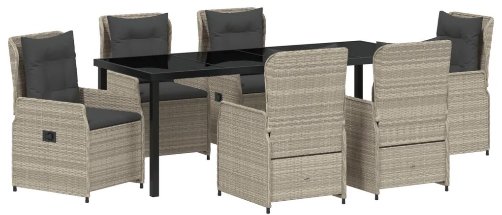 7 Darabos Kerti Étkezőszett Világosszürke Polirattan, Kerti Asztal Fekete 200x80x73 cm Edzett Üveg