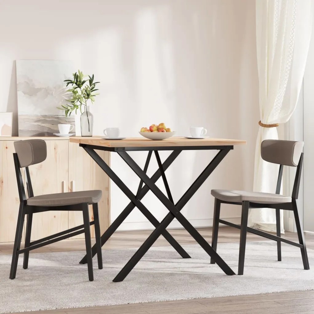 Tömör fenyőfa és acél étkezőasztal X-vázzal 90x90x75,5 cm
