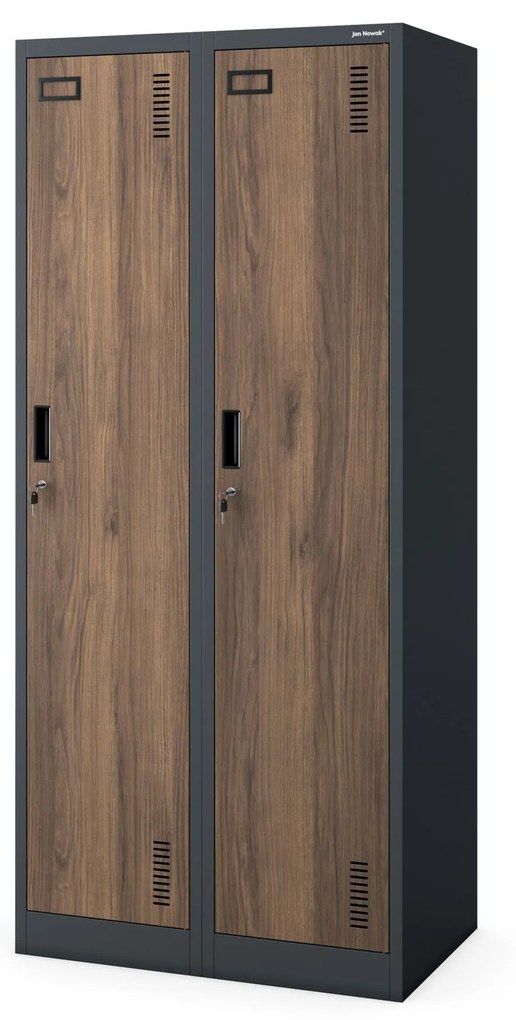 Pléh öltözőszekrény talpazaton, kétmodulos, polccal és köztes fallal KACPER, 800 x 1800 x 500 mm, Eco Design: antracit/ dió