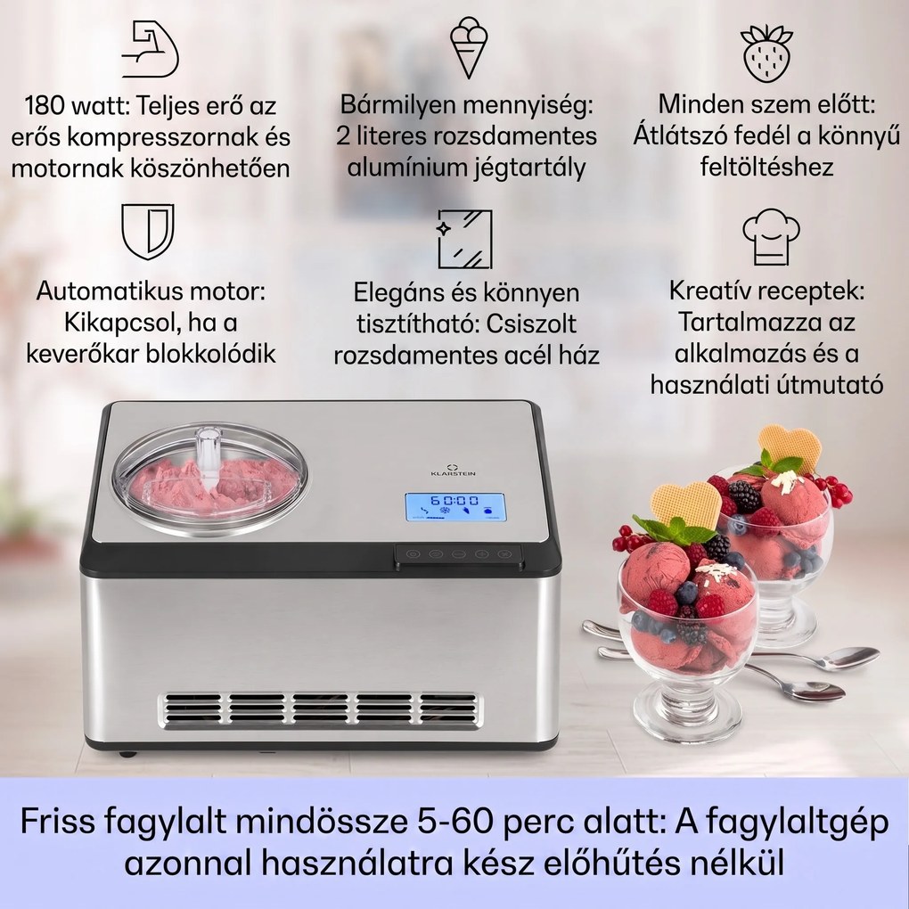 Klarstein Dolce Bacio Smart, fagylaltgép és joghurtkészítő, kompresszor, 2 L, WiFi, érintőképernyő, rozsdamentes acél