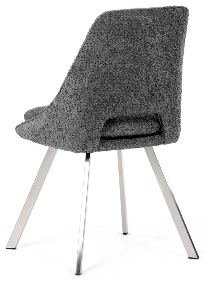 Scaun de sufragerie modern, tapițerie din material gri, picioare metalice, oțel inoxidabil periat.